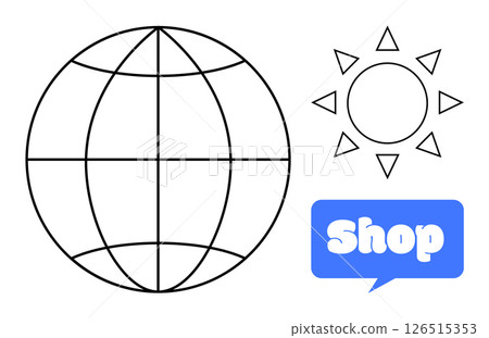 Black and white globe with lines next to a sun drawn with simple triangles, accompanied by a blue speech bubble containing the word shop in white. Ideal for international commerce, e-commerce, global Black and white globe with lines next to a sun drawn with simple triangles, accompanied by a blue speech bubble containing the word shop in white. Ideal for international commerce, e-commerce, global 126515353