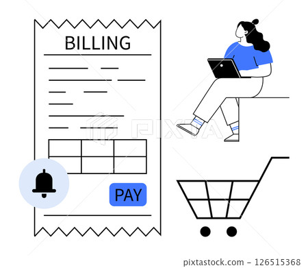 Woman with laptop sitting next to large billing receipt, shopping cart icon, and notification bell. Ideal for e-commerce, online shopping, payment systems, digital invoices, billing management Woman with laptop sitting next to large billing receipt, shopping cart icon, and notification bell. Ideal for e-commerce, online shopping, payment systems, digital invoices, billing management 126515368