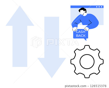 Man holding cash back sign on web page, up and down arrows, gear. Ideal for cashback systems, online shopping, e-commerce, financial transactions, user interface design. Flat design style 126515378