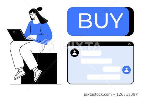 Person sitting on a block using a laptop. Buy button in blue, chat window with icons and text boxes. Ideal for e-commerce, digital transactions, customer support, online communication, chatbots Person sitting on a block using a laptop. Buy button in blue, chat window with icons and text boxes. Ideal for e-commerce, digital transactions, customer support, online communication, chatbots 126515387