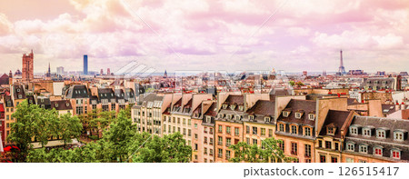 Panoramic view aerial skyline of Paris on city center. Landscape of Eiffel Tower, Sacre Coeur Basilica, churches and cathedrals architecture on streets Paris, France. Panoramic view aerial skyline of Paris on city center. Landscape of Eiffel Tower, Sacre Coeur Basilica, churches and cathedrals architecture on streets Paris, France. 126515417