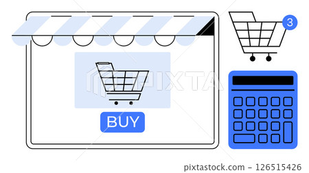 Tablet with Buy button, shopping cart icon with three items, and calculator. Ideal for ecommerce, online shopping, digital marketing, retail management, financial planning, web design, consumer 126515426