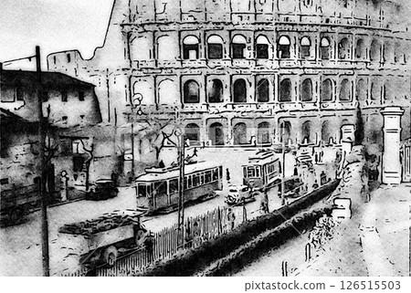 Glimpse of one of the streets of Rome at the end of the nineteenth century, with the facade of the Colosseum. Glimpse of one of the streets of Rome at the end of the nineteenth century, with the facade of the Colosseum. 126515503