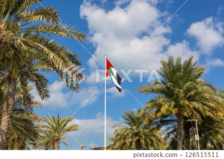 Flag of United Arab Emirates in National Day UAE. Flag is flying against background of blue sky with white clouds and tall green palm leaves. High quality photo Flag of United Arab Emirates in National Day UAE. Flag is flying against background of blue sky with white clouds and tall green palm leaves. High quality photo 126515511