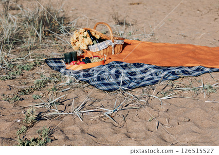 Autumn picnic on beach by sea. Fresh fruits, wine glasses, bottle, grapes, pomegranate near picnic basket on orange blanket. High quality photo Autumn picnic on beach by sea. Fresh fruits, wine glasses, bottle, grapes, pomegranate near picnic basket on orange blanket. High quality photo 126515527