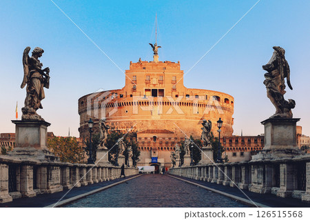 Rome in morning. Panoramic view of Castel Sant'Angelo and Bridge in Rome with sculptures statues on bridge. High quality photo 126515568