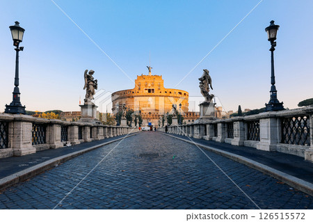 Rome in morning. Panoramic view of Castel Sant'Angelo and Bridge in Rome with sculptures statues on bridge. High quality photo Rome in morning. Panoramic view of Castel Sant'Angelo and Bridge in Rome with sculptures statues on bridge. High quality photo 126515572
