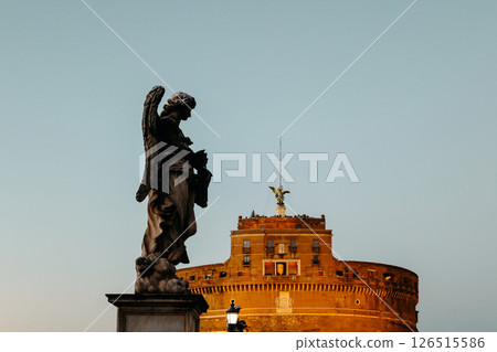 Rome in the evening. Panoramic view of Castel Sant'Angelo and Bridge in Rome. Rome in the evening. Panoramic view of Castel Sant'Angelo and Bridge in Rome. 126515586