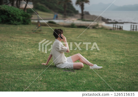 A man working remotely at a resort 126515635