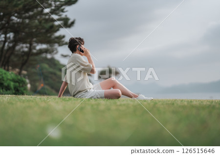 A man working remotely at a resort 126515646