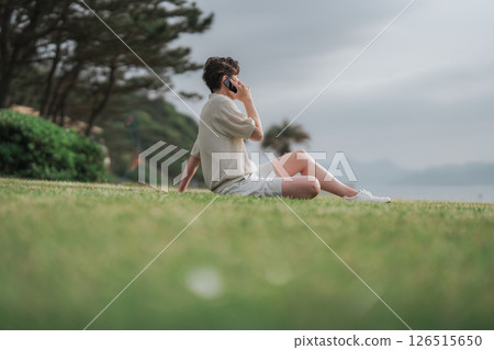 A man working remotely at a resort 126515650