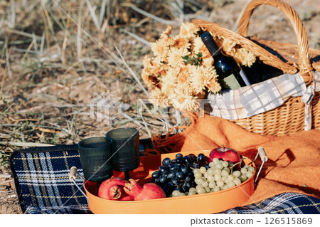 Autumn picnic on beach by sea. Fresh fruits, wine glasses, bottle, grapes, pomegranate near picnic basket on orange blanket. High quality photo Autumn picnic on beach by sea. Fresh fruits, wine glasses, bottle, grapes, pomegranate near picnic basket on orange blanket. High quality photo 126515869