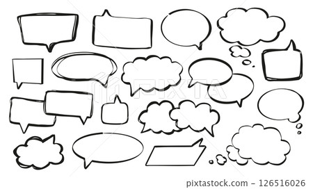 Speech bubbles set of marker brush stroke texture. Doodle handwriting elements with black empty communication frames for text messages in oval, cloud, rectangle and other shapes. Illustration. Speech bubbles set of marker brush stroke texture. Doodle handwriting elements with black empty communication frames for text messages in oval, cloud, rectangle and other shapes. Illustration. 126516026