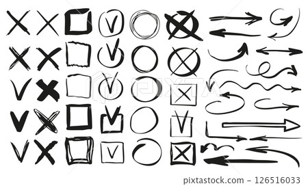 Check marks and arrows set of marker brush stroke texture. Doodle handwriting elements with black hand drawn cross or tick checkboxes, square vote frames and different cursors. Illustration. Check marks and arrows set of marker brush stroke texture. Doodle handwriting elements with black hand drawn cross or tick checkboxes, square vote frames and different cursors. Illustration. 126516033