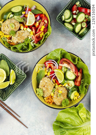Buddha bowl with fish cakes, healthy food. 126516094