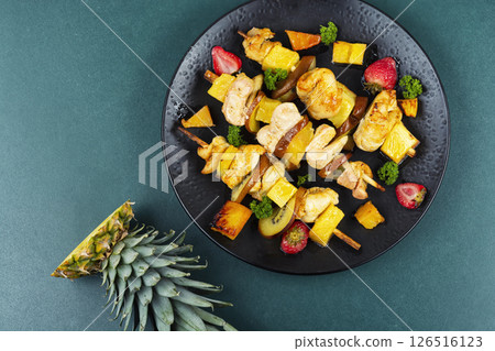 Fruit and meat skewers, BBQ with kebab. 126516123