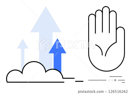 Hand gesture signaling to stop beside arrows rising from clouds, symbolizing technology and growth. Ideal for technology, growth, success, limitation, internet, cloud computing, digital Hand gesture signaling to stop beside arrows rising from clouds, symbolizing technology and growth. Ideal for technology, growth, success, limitation, internet, cloud computing, digital 126516262