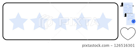 Five stars in a horizontal line with a certificate and heart shape on the right. Ideal for customer reviews, quality assurance, testimonials, satisfaction surveys, and business ratings. Flat design 126516301