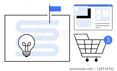 Lightbulb on curvy path, webpage layout, shopping cart with notification 3. Ideal for e-commerce, business strategy, project planning, web development, marketing, innovation, digital concepts. Line 126516302