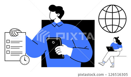 Man holding a checklist and tablet, with a clock and a global icon. Woman working on laptop. Ideal for project management, teamwork, time management, productivity, remote work, digital tools, global 126516305