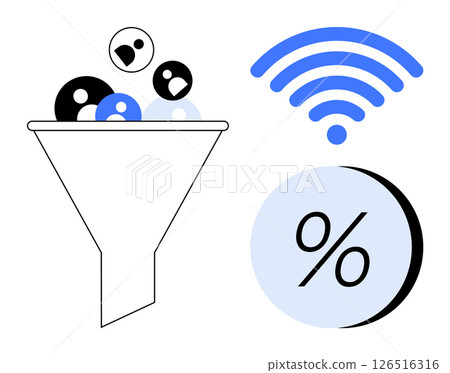 Funnel filtering user profiles with wireless and percentage symbols. Ideal for digital marketing, data processing, customer segmentation, analytics visualization, user engagement, internet Funnel filtering user profiles with wireless and percentage symbols. Ideal for digital marketing, data processing, customer segmentation, analytics visualization, user engagement, internet 126516316