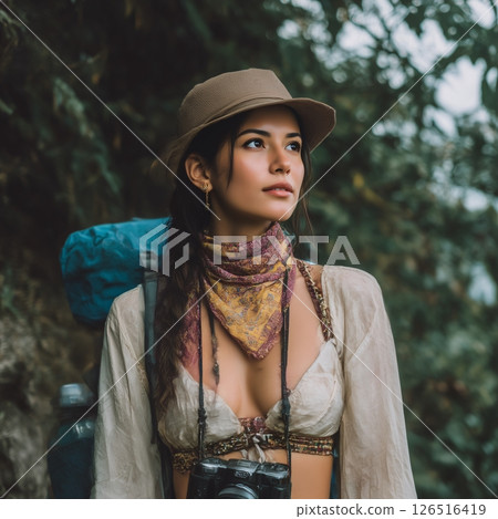A young, mature woman who is very satisfied with her summer trip 126516419
