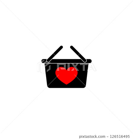 Shopping basket icon with red heart. Plastic shop basket with handle and heart symbol. Vector illustration. Editable template. Shopping basket icon with red heart. Plastic shop basket with handle and heart symbol. Vector illustration. Editable template. 126516495