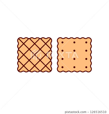Two square cookies. Front and back view. Colored vector illustration and icons on a white background. Outline and line style. 126516510