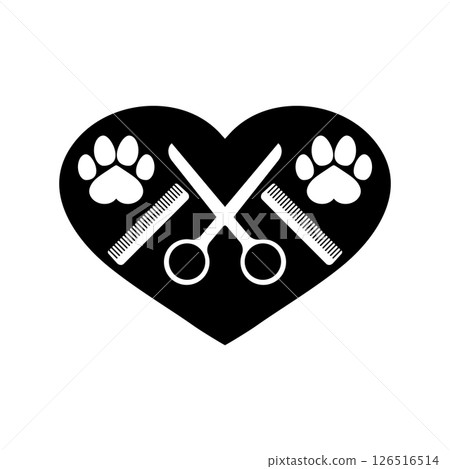 Dog grooming logo design template. Dog pawprint with comb and scissors. Vector clipart and drawing. Isolated illustration on white background. Dog grooming logo design template. Dog pawprint with comb and scissors. Vector clipart and drawing. Isolated illustration on white background. 126516514