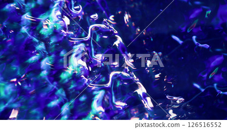 Defocused neon glare. Glowing waves. Gleaming sparkling particles lens flare on blue purple bokeh light blurred background. 126516552
