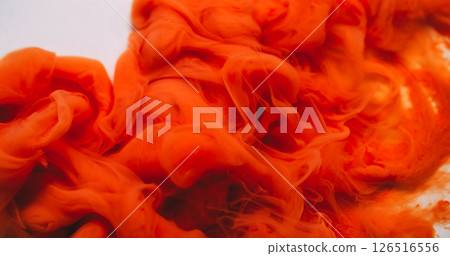 Shiny haze. Paint flow. Blur orange bronze swirl chemical acrylic emulsion smoke pigment spreading on abstract white art background. 126516556