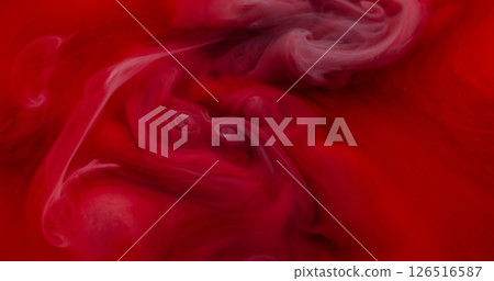 Fume paint. Acrylic pigment. Defocused purple red crimson color water chemical particles haze essence growing on abstract art background. 126516587