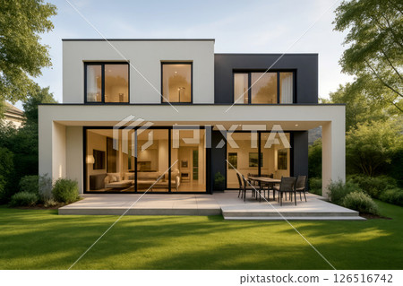Modern minimalist house with large windows and garden patio surrounded by greenery. 126516742
