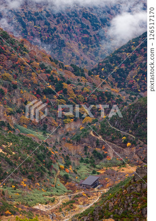 安達太良山和黑鐵小屋的紅葉上飄揚的雲彩 安達太良山和黑鐵小屋的紅葉上飄揚的雲彩 126517170