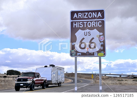 Camping trailer traveling Route 66 126517185