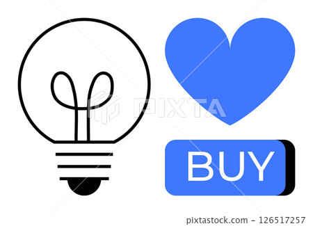 Lightbulb icon symbolizing innovation next to blue heart over BUY button. Ideal for marketing, e-commerce, innovation, advertising, business strategy, consumer behavior, product design. Line metaphor Lightbulb icon symbolizing innovation next to blue heart over BUY button. Ideal for marketing, e-commerce, innovation, advertising, business strategy, consumer behavior, product design. Line metaphor 126517257