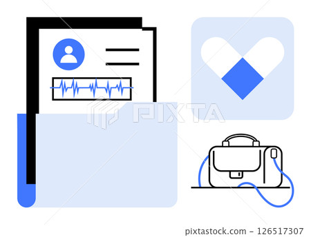 Medical file with profile and heart rate chart, blue briefcase, and blue heart-themed healthcare icon. Ideal for medical records, workplace health, healthcare apps, digital health tools, employee Medical file with profile and heart rate chart, blue briefcase, and blue heart-themed healthcare icon. Ideal for medical records, workplace health, healthcare apps, digital health tools, employee 126517307
