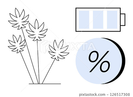 Stylized cannabis leaves next to a blue-tinted battery icon and a percentage symbol inside a blue circle. Ideal for energy, technology, sustainability, cannabis, health, education, and infographics Stylized cannabis leaves next to a blue-tinted battery icon and a percentage symbol inside a blue circle. Ideal for energy, technology, sustainability, cannabis, health, education, and infographics 126517308