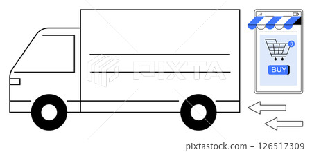 Delivery truck and mobile phone with buy button symbolize the online shopping process. Ideal for e-commerce, deliveries, logistics, retail, and technology. Simple vector style Delivery truck and mobile phone with buy button symbolize the online shopping process. Ideal for e-commerce, deliveries, logistics, retail, and technology. Simple vector style 126517309