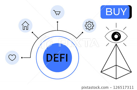 DeFi text in blue circle with connected icons for heart, house, shopping cart, and gear. Eye above pyramid and Buy button alongside. Ideal for finance, cryptocurrency, tech, investment, economic DeFi text in blue circle with connected icons for heart, house, shopping cart, and gear. Eye above pyramid and Buy button alongside. Ideal for finance, cryptocurrency, tech, investment, economic 126517311