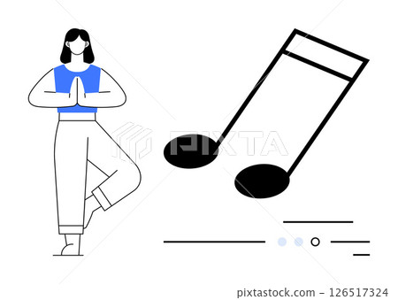 Woman in tree pose practicing yoga next to a large musical note. Ideal for wellness, mindfulness, music, balance, fitness, relaxation, and holistic health themes. Line metaphor 126517324