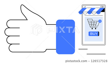 Large thumbs up next to a mobile phone screen showing an online shopping cart with an awning and a buy button. Ideal for online shopping, e-commerce, mobile apps, user feedback, digital transactions 126517328