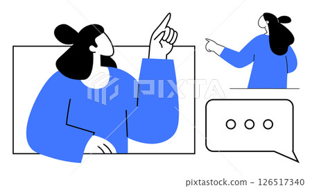 Minimalist drawing of a person wearing blue, pointing upwards and to the side, accompanied by a speech bubble with three dots. Ideal for communication, discussion, dialogue, interaction, education 126517340