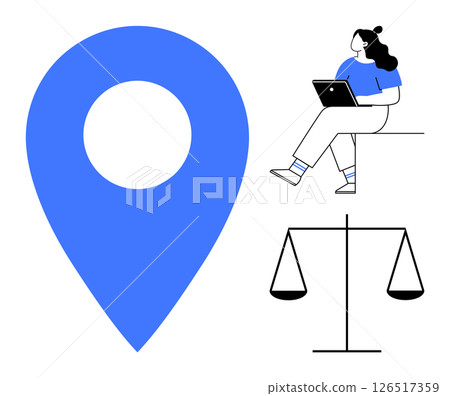 Woman working on laptop, large blue location pin, scales. Ideal for work-life balance, tech integration, remote work, legal themes, location-based services, productivity, and balance. Line metaphor Woman working on laptop, large blue location pin, scales. Ideal for work-life balance, tech integration, remote work, legal themes, location-based services, productivity, and balance. Line metaphor 126517359