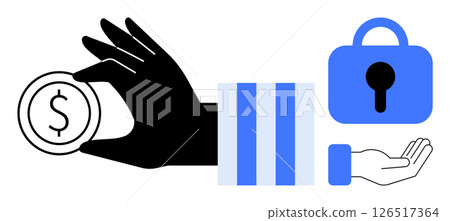 Hand holding coin symbolizing savings, a padlock representing security, and an open hand implying giving or receiving. Ideal for finance, security, savings, investments, and financial management Hand holding coin symbolizing savings, a padlock representing security, and an open hand implying giving or receiving. Ideal for finance, security, savings, investments, and financial management 126517364