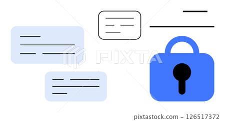 Blue lock icon with keyhole on the right various text bubbles scattered around. Ideal for digital security, encryption, communication, privacy, and data protection themes. Minimalist design Blue lock icon with keyhole on the right various text bubbles scattered around. Ideal for digital security, encryption, communication, privacy, and data protection themes. Minimalist design 126517372