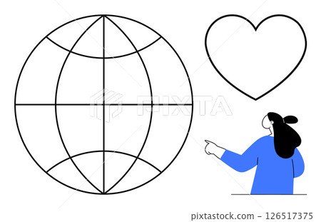 Person pointing to heart symbol sitting near a globe outline, representing global connection. Ideal for themes global love, human compassion, world unity, international relationships, social Person pointing to heart symbol sitting near a globe outline, representing global connection. Ideal for themes global love, human compassion, world unity, international relationships, social 126517375