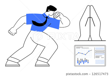 Businessman in blue shirt making a fist next to praying hands symbol and projected financial statistics. Ideal for business confidence, financial analysis, faith in success, motivation, achievement 126517473