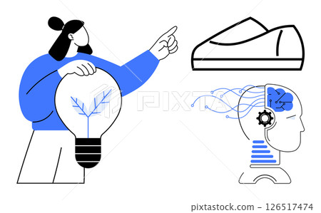 Person holding a lightbulb with plant, pointing at sneaker design and head with circuits and gears. Ideal for technology, innovation, artificial intelligence, creativity, inventions, sustainability 126517474