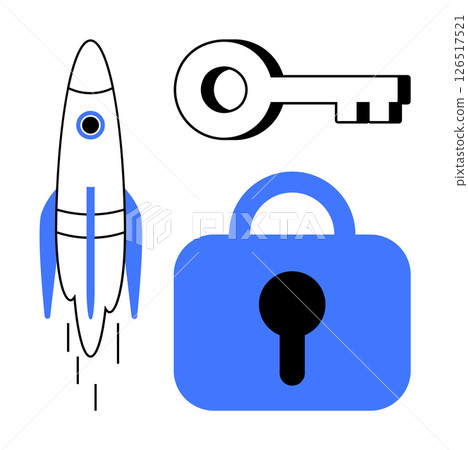 Vector drawing of a rocket, key, and padlock in blue and black colors. Ideal for themes of innovation, security, growth, access, and protection. Minimalistic and modern style 126517521